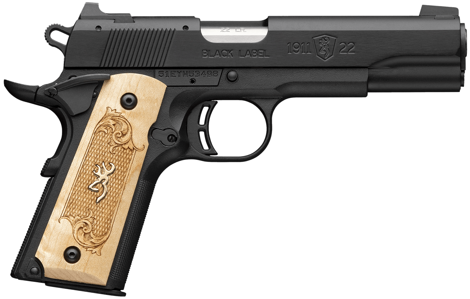 Browning 051067490 1911-22 Black Label Medallion Full Size Frame 22 LR 10+1 4.25" Stainless Steel Barrel, Matte Black Serrated Slide, Matte Black Aluminum Frame w/Beavertail, Maple Medallion Grip