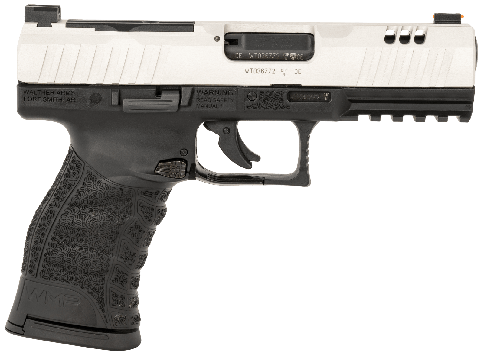 Walther Arms 5220306 WMP Full Size Frame 22 WMR 15+1 4.50" Stainless Steel Barrel, Silver Serrated Aluminum Slide, Black Polymer Frame w/Picatinny Rail