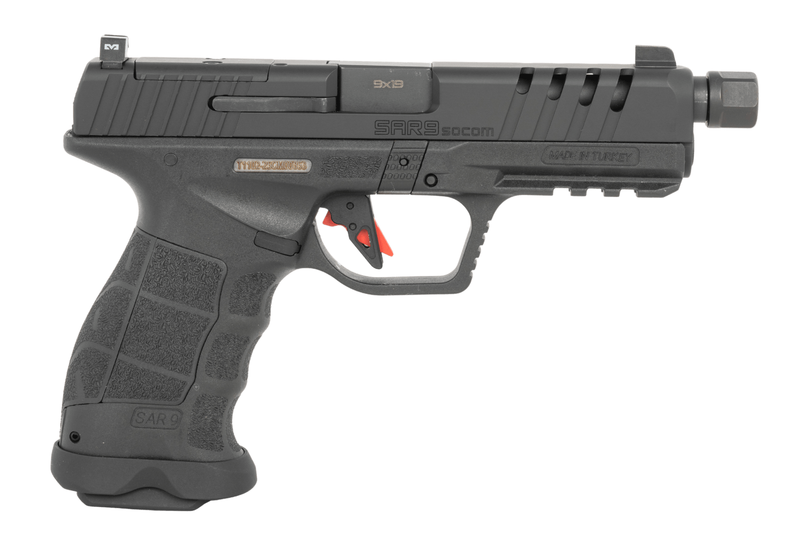 Sarsilmaz SAR9SOCOMBL10 SAR9 SOCOM Full Size 9mm Luger 10+1 5.10" Black Threaded Barrel, Black Steel Optic Cut/Serrated Slide, Black Polymer Frame w/Picatinny Rail, Interchangeable Backstrap Grip, RMS