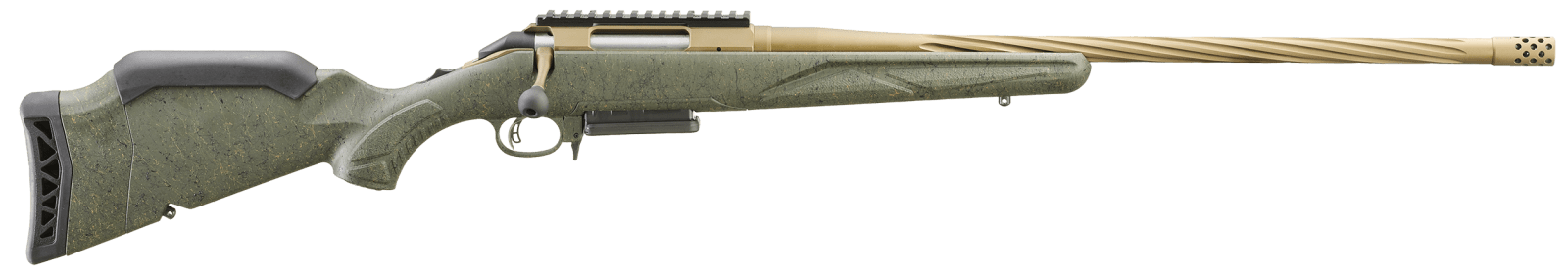 Ruger 46945 American II Predator 300 Win Mag 3+1 22" Burnt Bronze Cerakote Spiral Fluted Threaded Barrel & Alloy Steel Receiver w/Picatinny Rail, Green Splatter Adj LOP Synthetic Stock