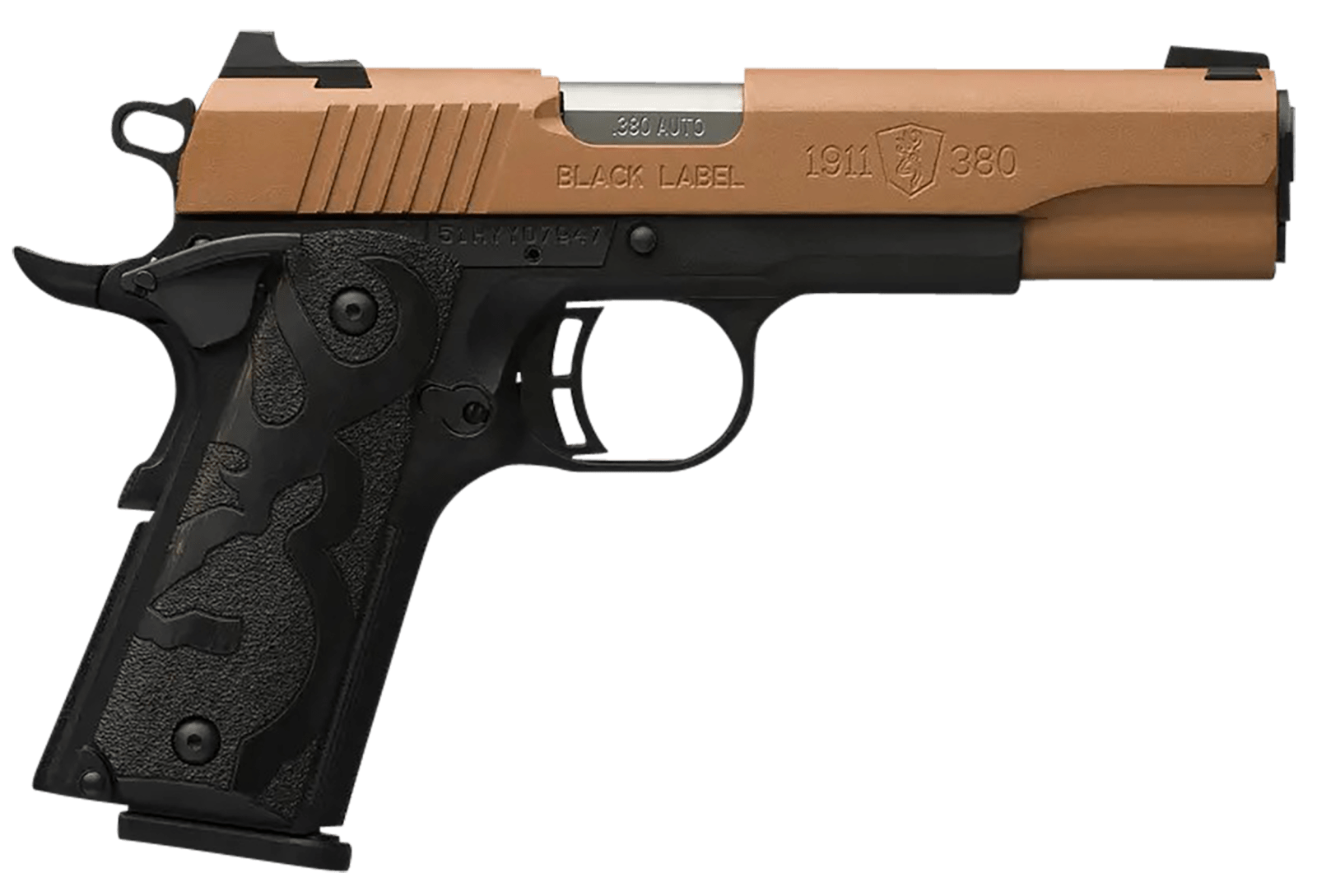 Browning 051987492 1911 Black Label Full Size Frame 380 ACP 8+1 4.25" Matte Stainless Steel Barrel, Copper Cerakote Serrated Stainless Steel Slide, Matte Black Polymer Frame, Black Polymer Grip