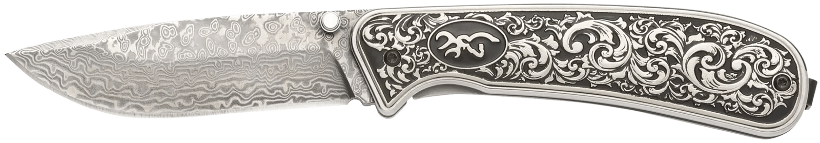 Browning 3220580B Grand Pass 3.50" Drop Point Damascus Blade, Engraved Stainless Steel Handle
