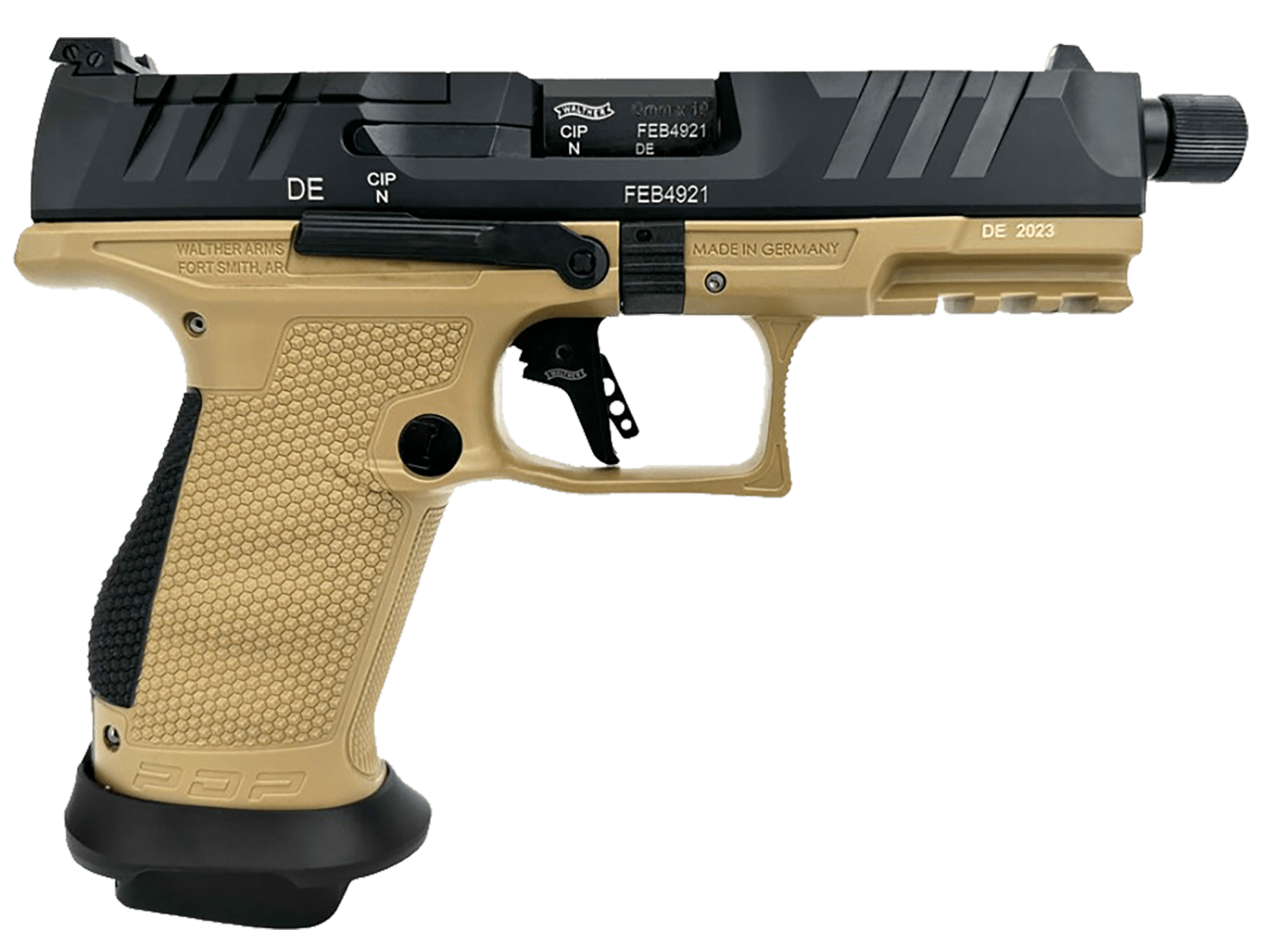 Walther Arms 2877520 PDP Compact Pro SD 9mm Luger 15+1 4.60" Threaded Barrel, Black Optic Cut/Serrated Slide, FDE Polymer Frame with Pic. Rail, Performance Duty Textured Polymer Grip, Flared Magwell