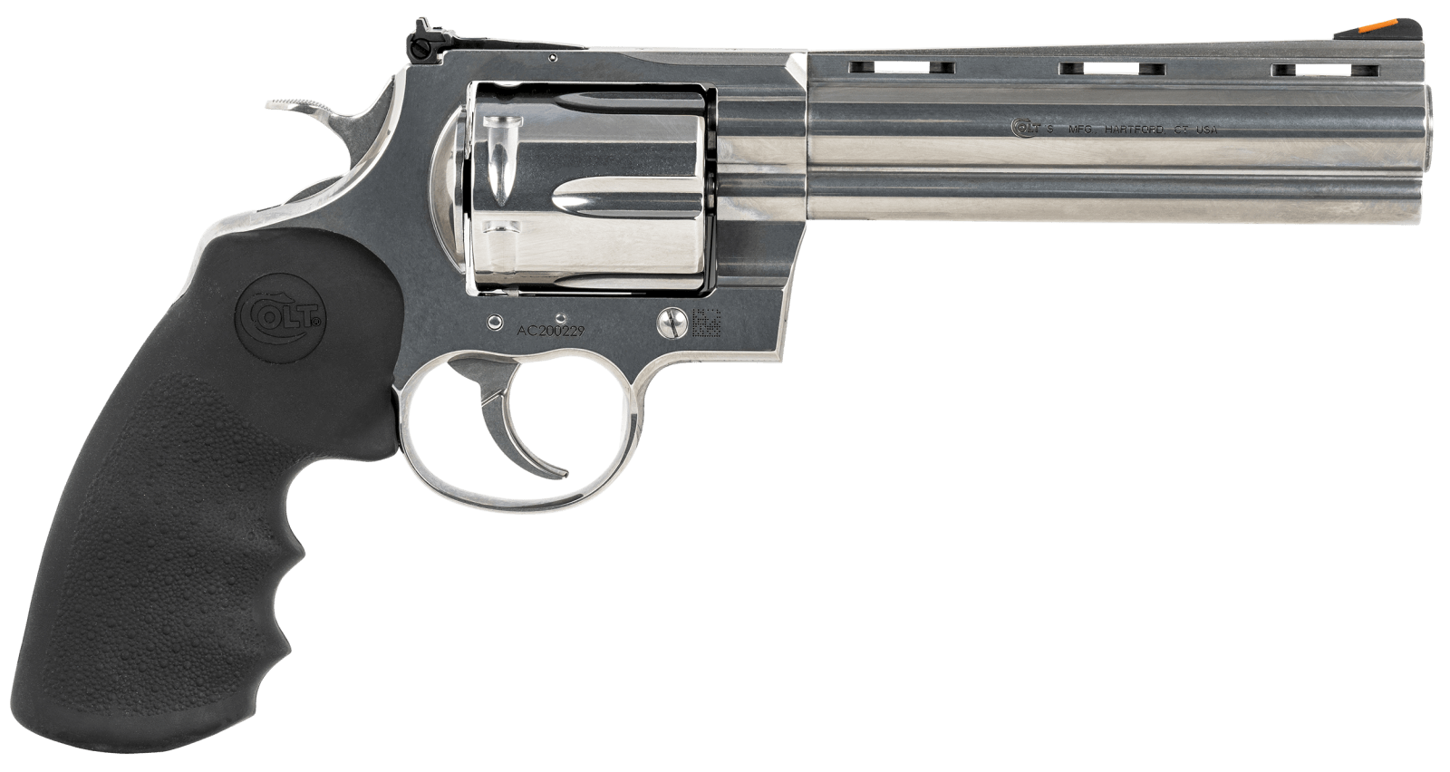 Colt Mfg ANACONDASP6RTS Anaconda  44 Mag 6 Shot 6" Stainless Recessed Target/Vent Rib Barrel,  Cylinder & Frame, Black Hogue Rubber w/Finger Grooves Grip