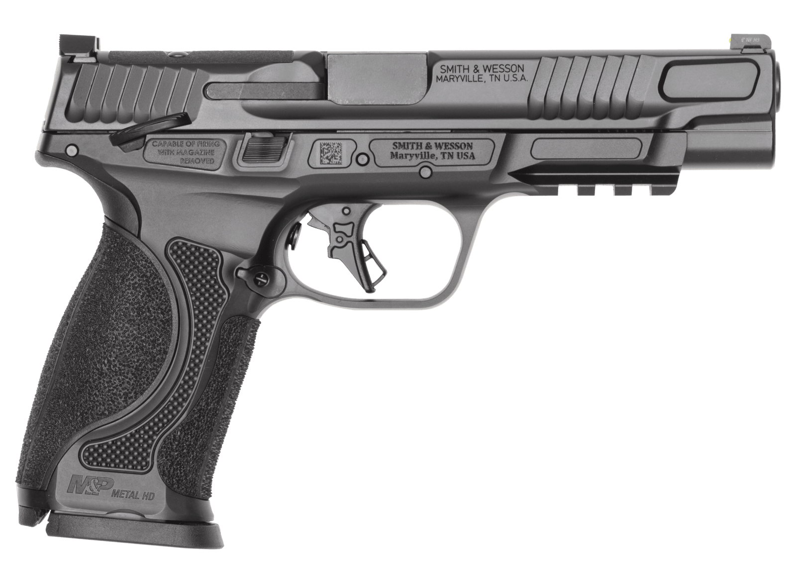 Smith & Wesson 14672 M&P M2.0 Metal 9mm Luger 17+1 5" Black Armornite Stainless Steel Barrel & Optic Ready/Serrated Slide, Black Armornite Stainless Steel Frame w/Picatinny Rail, Interchangeable Palms