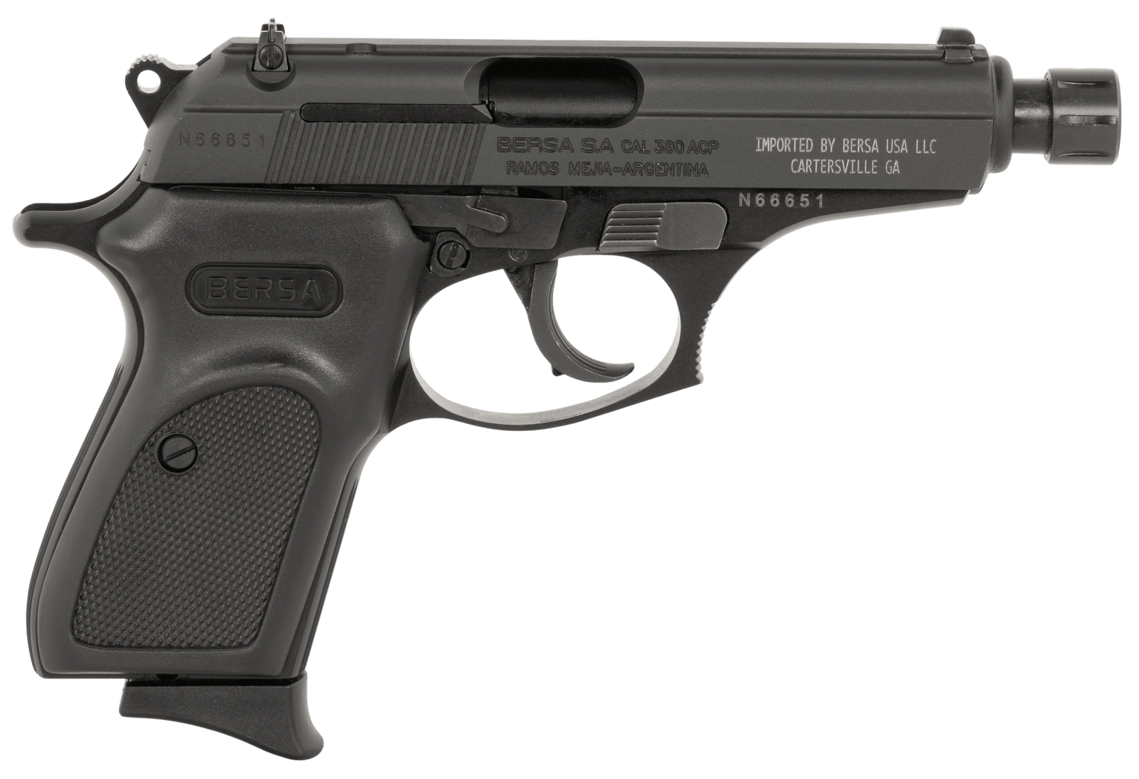 Bersa T380M8X Thunder  Micro-Compact Frame 380 ACP 8+1 3.50" Black Steel Threaded Barrel, Matte Black Steel Serrated Slide, Matte Black Aluminum Frame, Black Rubber Grip, Right Hand
