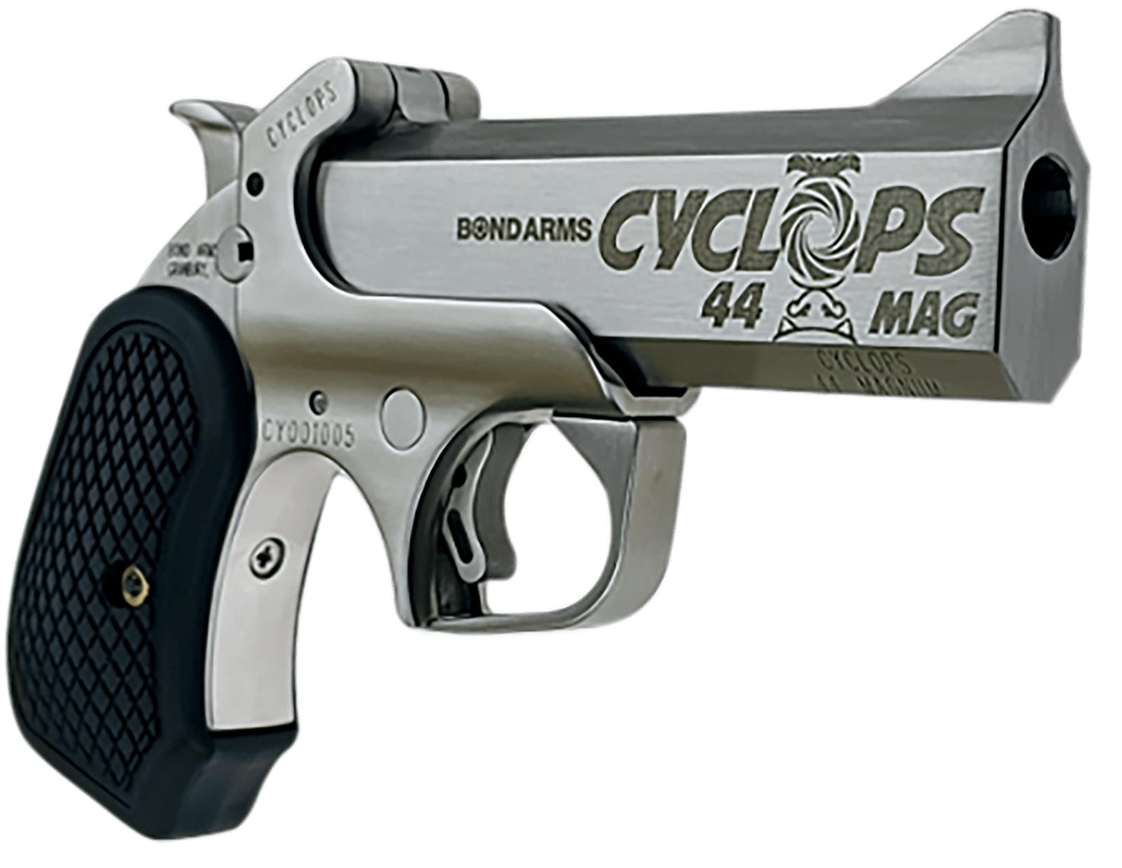 Bond Arms BACYP Cyclops Big Bore 44 Mag 1rd 4.25"  Stainless Steel w/Engraved Barrel, Matte Stainless Frame, Black Extended B6 Resin Grip