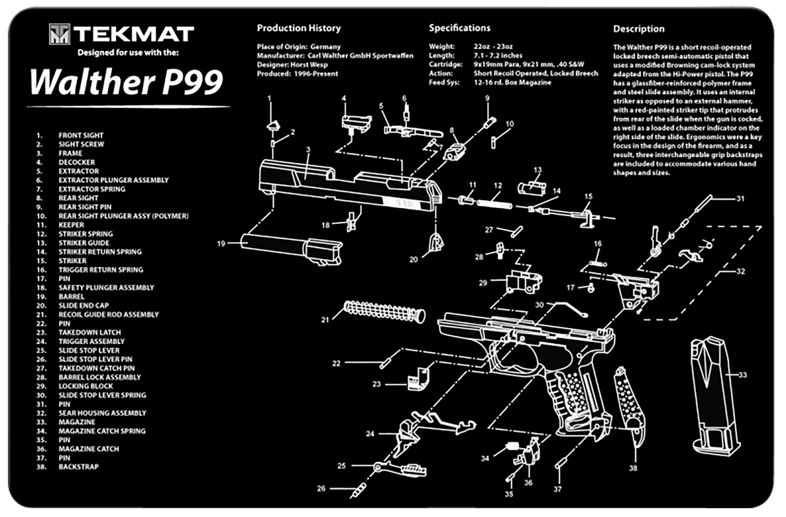 TekMat TEKR17WALP99 Walther P99 Cleaning Mat Black/White Rubber 11"x17" Walther P99 Parts Diagram