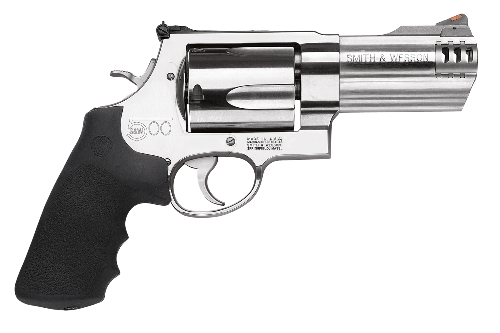Smith & Wesson 163504 Model 500 X-Frame 500 S&W Mag Stainless Steel 4" Compensated Barrel & 5rd Cylinder, Satin Stainless Steel X-Frame, Includes Two Muzzle Brakes & Internal Lock
