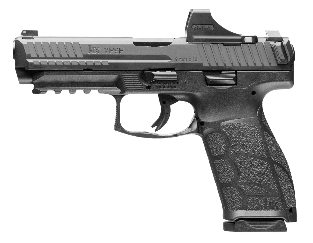 HK 81001496 VP9 A1 w/Optic Full Size 9mm Luger 10+1 4.53" Black Steel Polygonal Rifled Barrel & Serrated w/Optic Slide, Black Polymer Frame w/Picatinny Rail, Interchangeable Backstrap Grip, Holosun SC