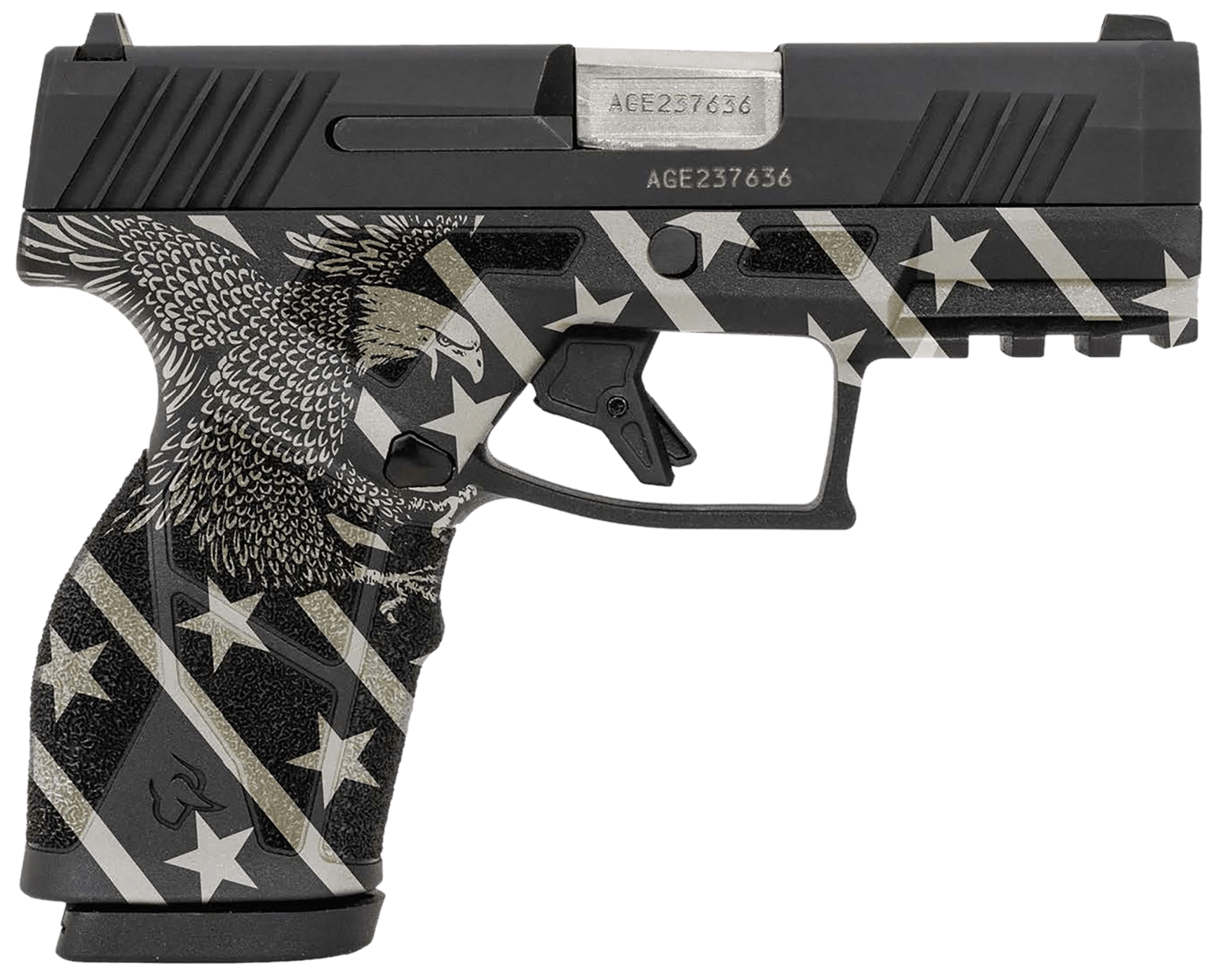 Taurus 1-GX2931-10EN1 GX2 Compact Frame 9mm Luger 10+1 3.38" Stainless Steel Barrel, Matte Black Serrated Alloy Steel Slide, Black w/Eagle, Stars & Stripes Polymer Frame w/Accessory Rail
