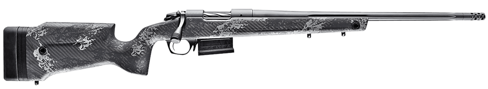 Bergara Rifles B14SM759 B-14 Crest 6.5 PRC 3+1 20" Fluted/Threaded, Sniper Gray Cerakote Barrel/Rec, Monte Carlo Carbon Fiber Stock with Black & Gray Splatter, Omni Muzzle Brake