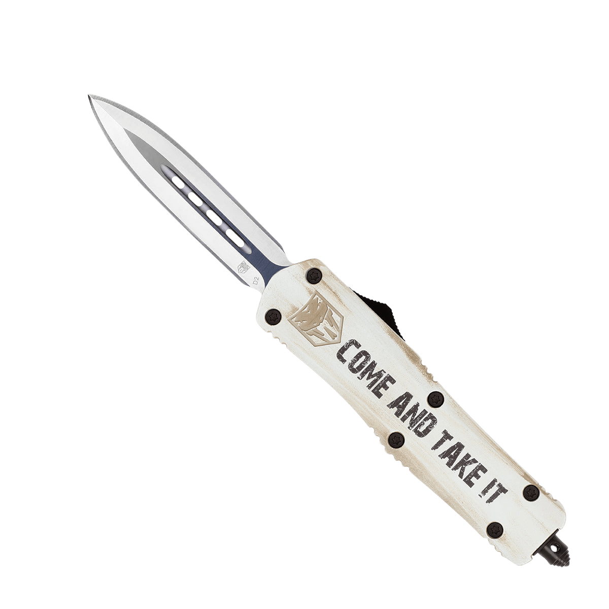 CobraTec Knives MCATIFS3DAGNS FS-3 Come And Take It Medium 3" OTF Dagger Plain D2 Steel Blade White w/"Come And Take It" Aluminum Cerakoted Handle Features Glass Breaker Includes Pocket Clip