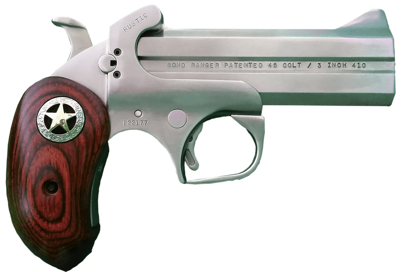 Bond Arms BARR Rustic Ranger Original 45 Colt/410 Gauge 2rd Shot 4.25" Matte Stainless Stainless Stainless Steel Frame Ext. Rosewood w/ Integrated Star Grips Right Hand