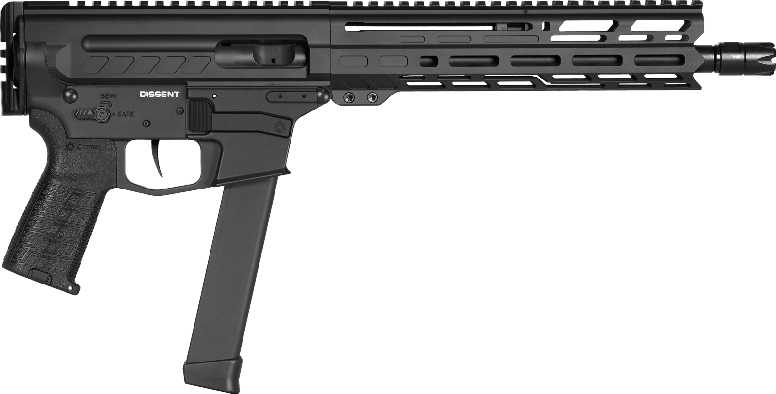 CMMG 99A806DAB Dissent MKGS 9mm Luger 33+1 10.50", Black, Picatinny Brace Adapter, 5.50" M-LOK Handguard, Left Side Charging Handle, Zeroed Linear Comp, Zeroed Drop-In Single Stage Trigger