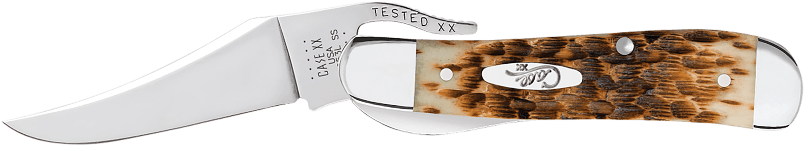 Case 0260 6 RussLock 2.70" Folding RussLock Clip Plain Mirror Polished Tru-Sharp SS Blade/Peach Seed Jigged Amber Bone Handle