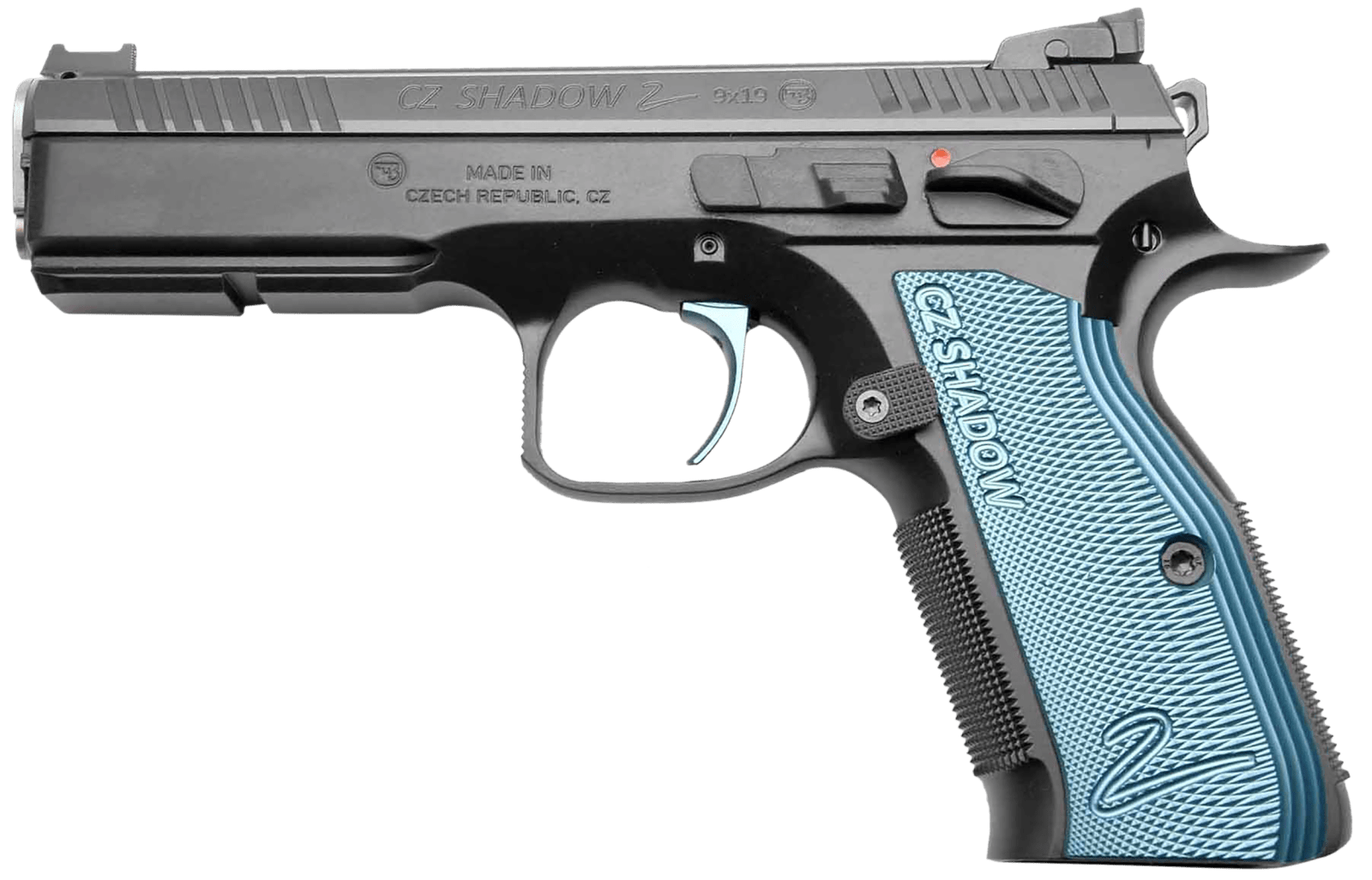 Cz Custom Shop 91039 Shadow 2 Full Size Frame 9mm Luger 17+1 4.89" Black ACCU Bushing Barrel, Black Serrated Steel Slide, Black Polycoat Steel Frame w/Beavertail, Black Checkered Aluminum Grip