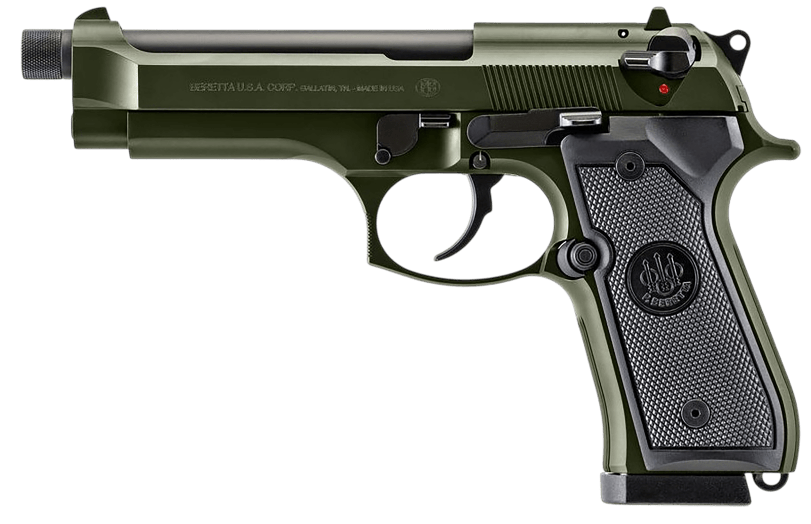 Beretta USA J92F300GRTB18 92FS Full Size 9mm Luger 18+1 5.10" Black Threaded Barrel, OD Green Cerakote Serrated Slide, OD Green Cerakote Aluminum Frame w/Beavertail, Black Textured Grip