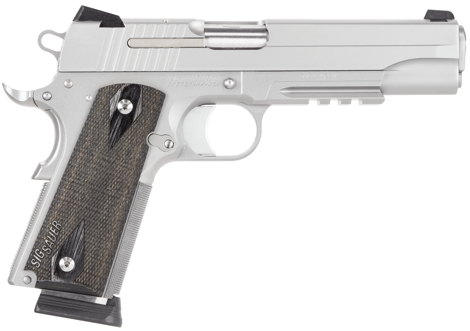 Sig Sauer 1911R45SSSCA 1911 Full Size *CA Compliant 45 ACP Caliber with 5" Barrel, 8+1 Capacity, Overall Stainless Steel Finish, Picatinny Rail/Beavertail Frame, Serrated Slide & Blackwood Grip