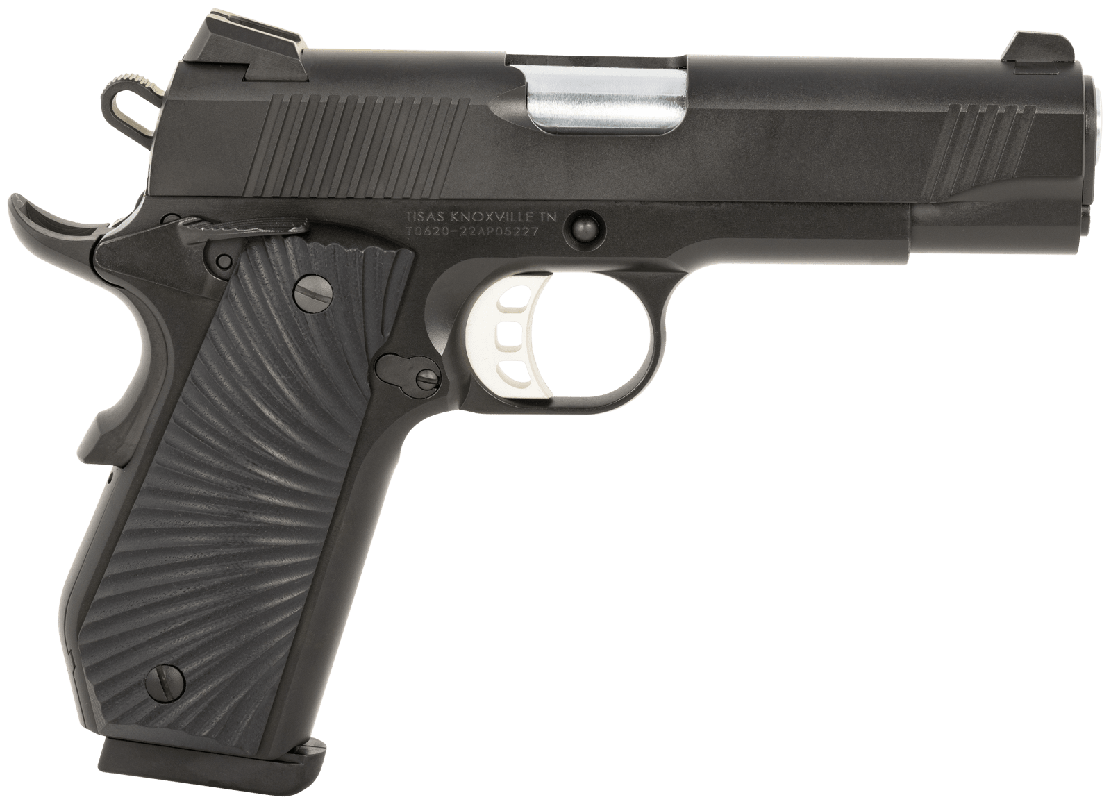 Tisas Arms 10100102 1911 Carry 45 ACP 8+1 4.25" Stainless Barrel, Black Cerakote Carbon Steel Serrated Slide, Black Cerakote Carbon Steel Frame, Black G10 Starburst Grip
