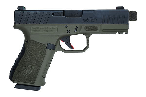 TriStar 85786 Apoc Pro 9mm Luger 15+1 4.50" Black Threaded Barrel, Black Cerakote Steel Optic Ready/Serrated Slide, OD Green Polymer Frame w/Picatinny Rail, Interchangeable Backstrap Grip
