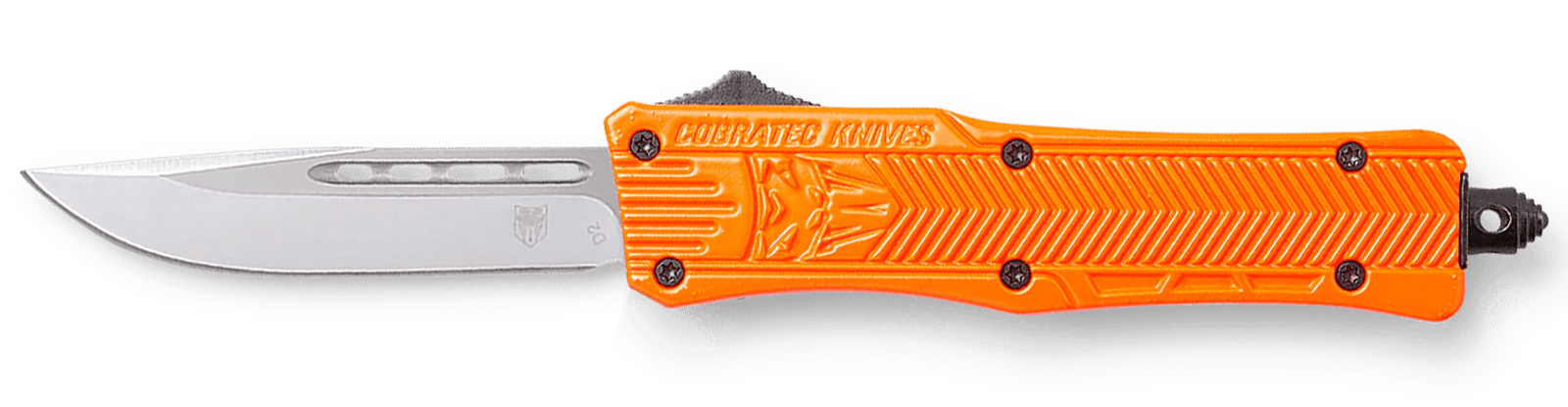 CobraTec Knives SORCTK1SDNS CTK-1  Small 2.75" OTF Drop Point Plain D2 Steel Blade/Orange Aluminum Handle Features Glass Breaker Includes Pocket Clip