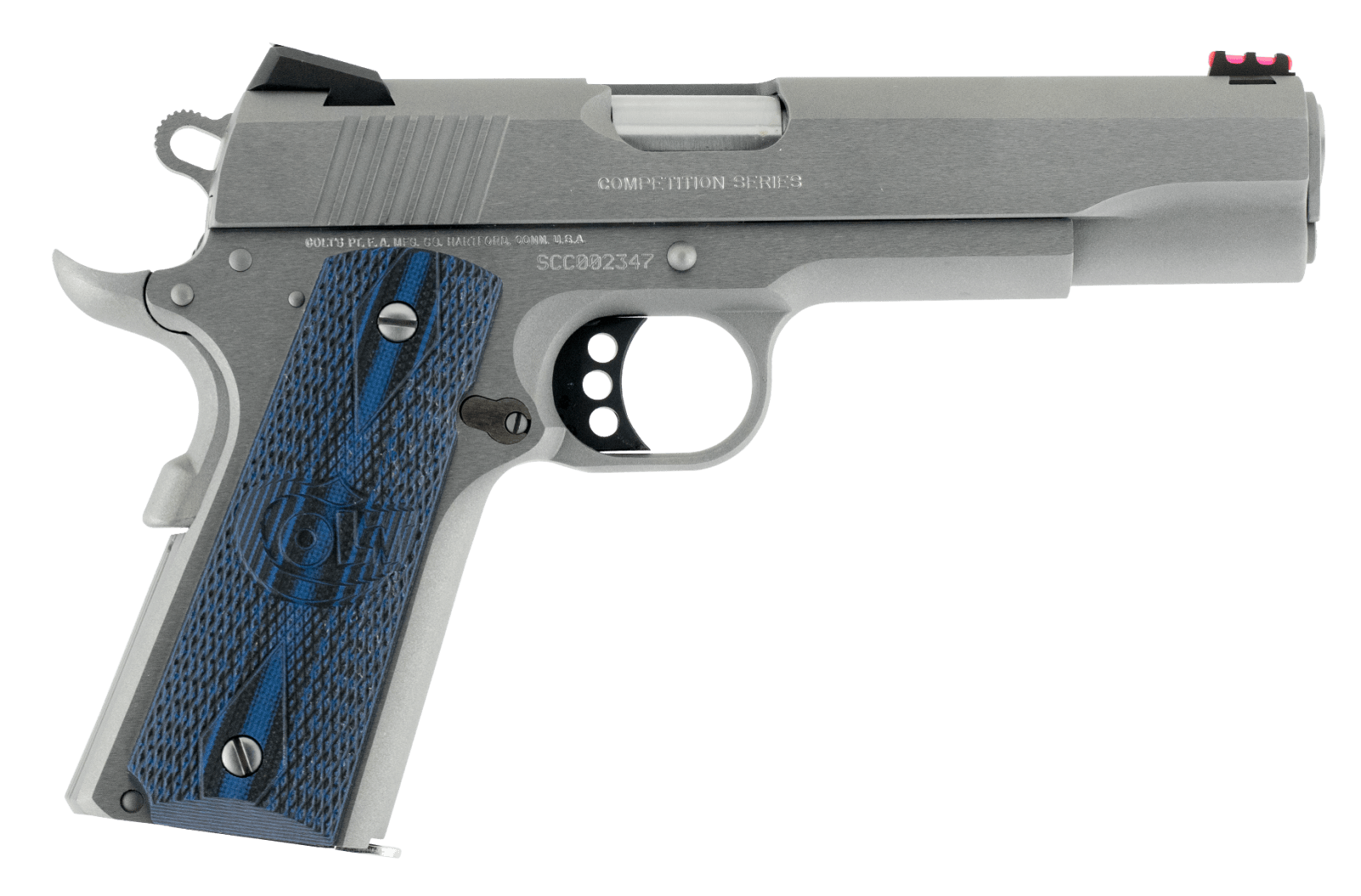 Colt Mfg O1070CCS Competition Government 45 ACP 8+1 5" Stainless National Match Barrel, Serrated Slide & Frame w/Beavertail, Checkered Blue G10 Grip, Ambidextrous