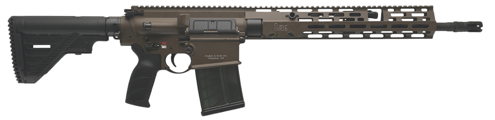HK 81001205 MR762 A4 7.62x51mm 20+1 16.50" Black Threaded Barrel, Patriot Brown Picatinny Rail Receiver, M-LOK Handguard, 6 Position Black Synthetic Stock, Black Finger Grooved Grip, Ambidextrous
