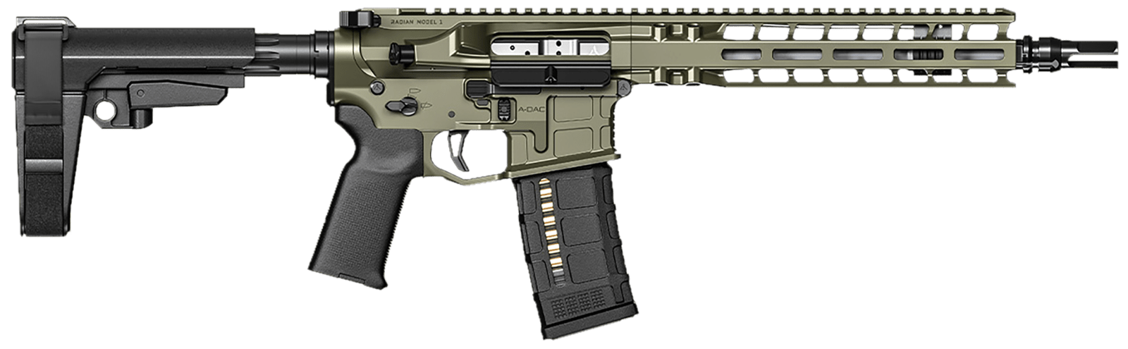 Radian Weapons R0515 Model 1 Pistol 223 Wylde 30+1 10.50", OD Green Billet Rec/M-Lok Handguard, Smooth Buffer Tube (No Brace), Magpul Grip, Ambi Controls, Dead Air QD Flash Hider, Adj. Triggers