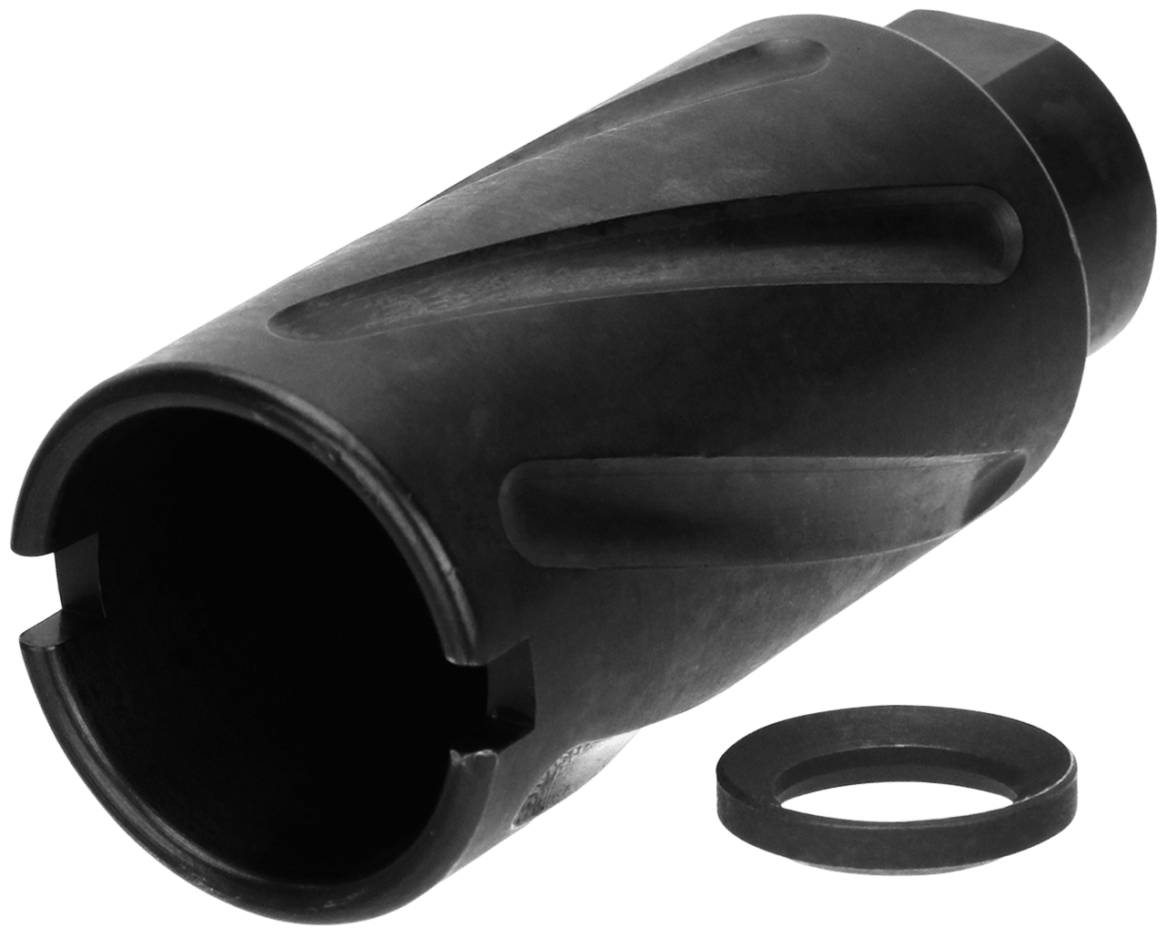 TacFire MZ1007N Spiral Fluted Muzzle Brake Black Oxide Steel with 1/2"-28 tpi Threads, 2.60" OAL & 1.12" Diameter for 5.56x45mm NATO AR-15
