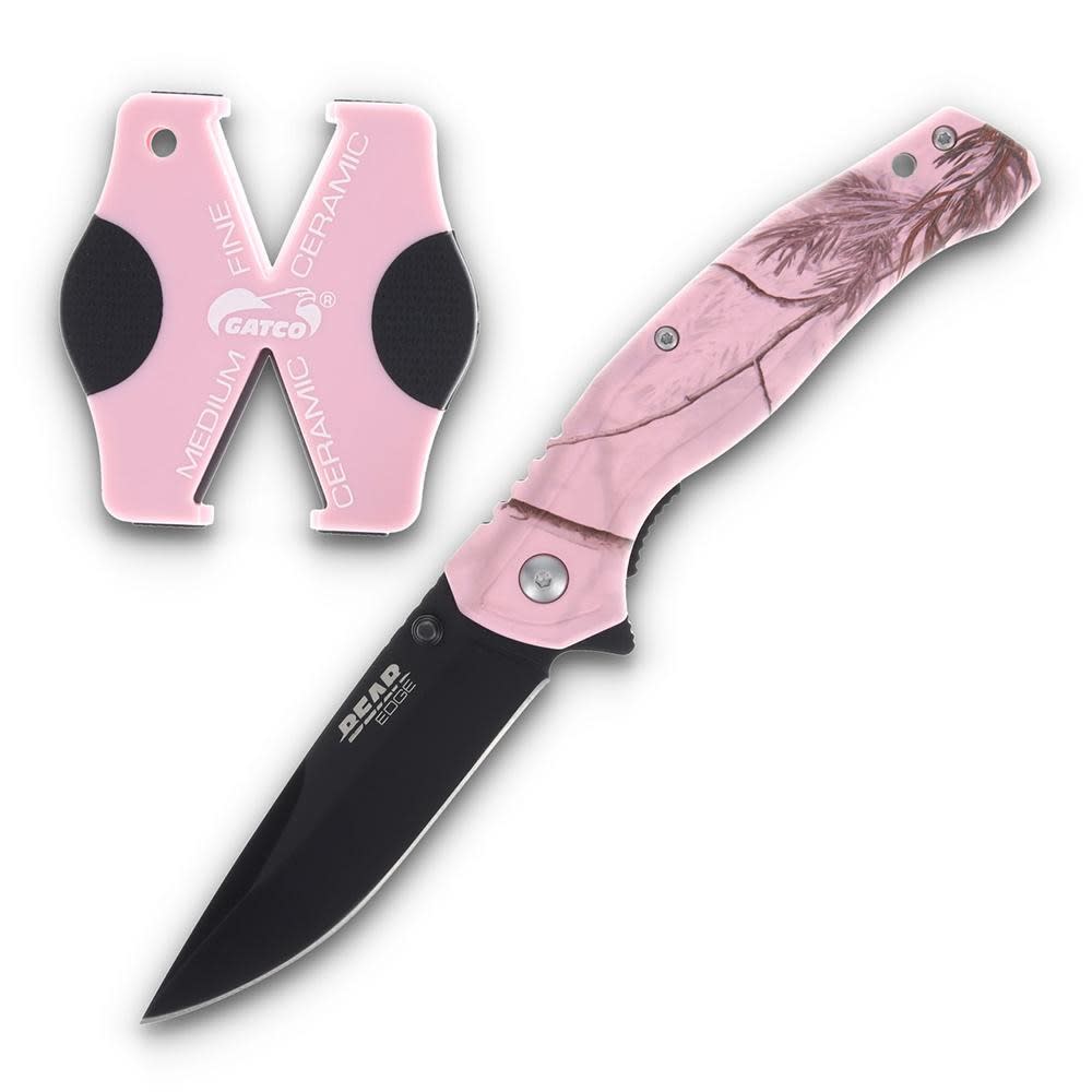 Bear & Son Edge Brisk 2.0 Folding Knife & Sharpener Combo Drop Point Blade Pink Camo