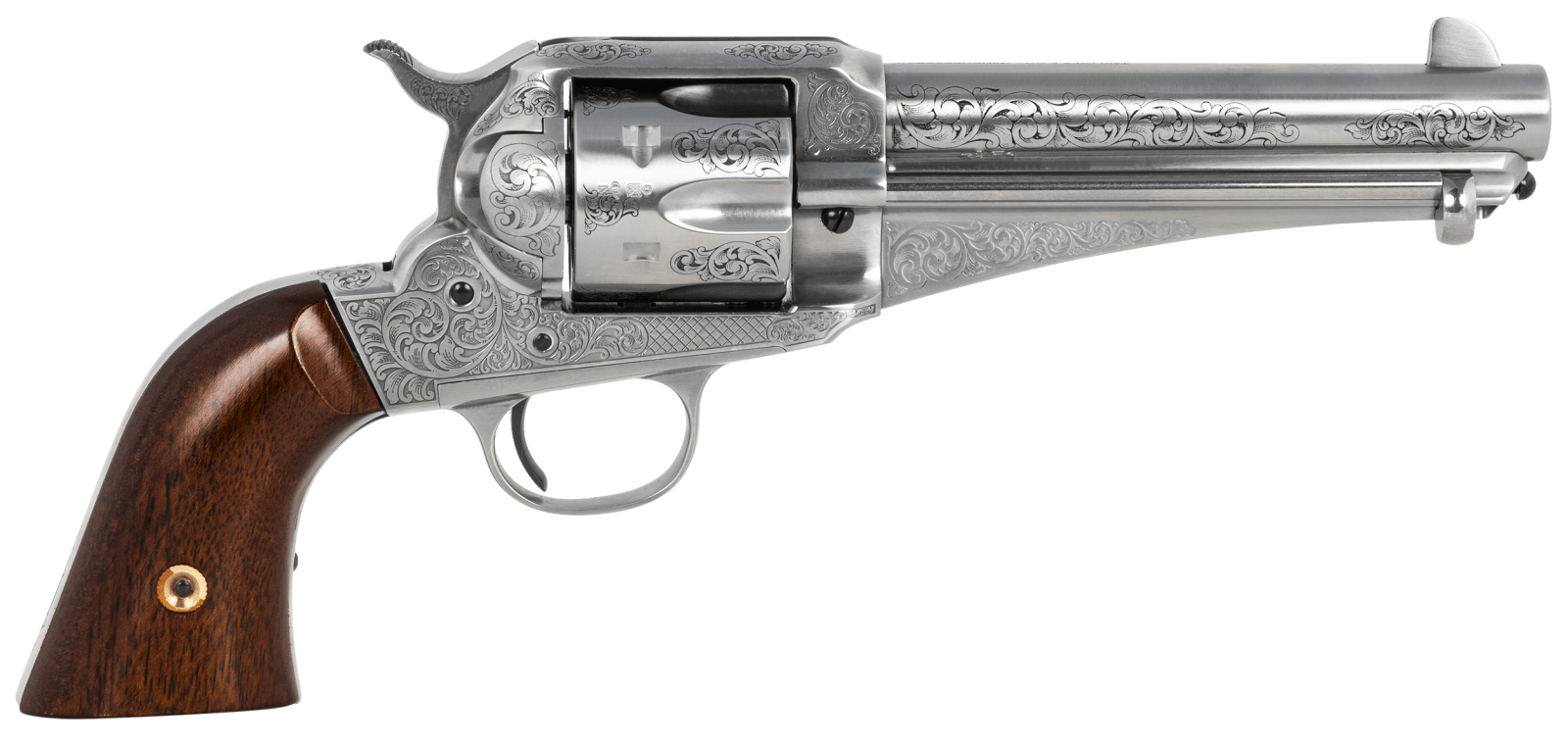 Taylors & Company 550408 1875 Army Outlaw 45 Colt (LC) Caliber with 5.50" Barrel, 6rd Capacity Cylinder, Overall White Engraved Finish Steel & Walnut Grip