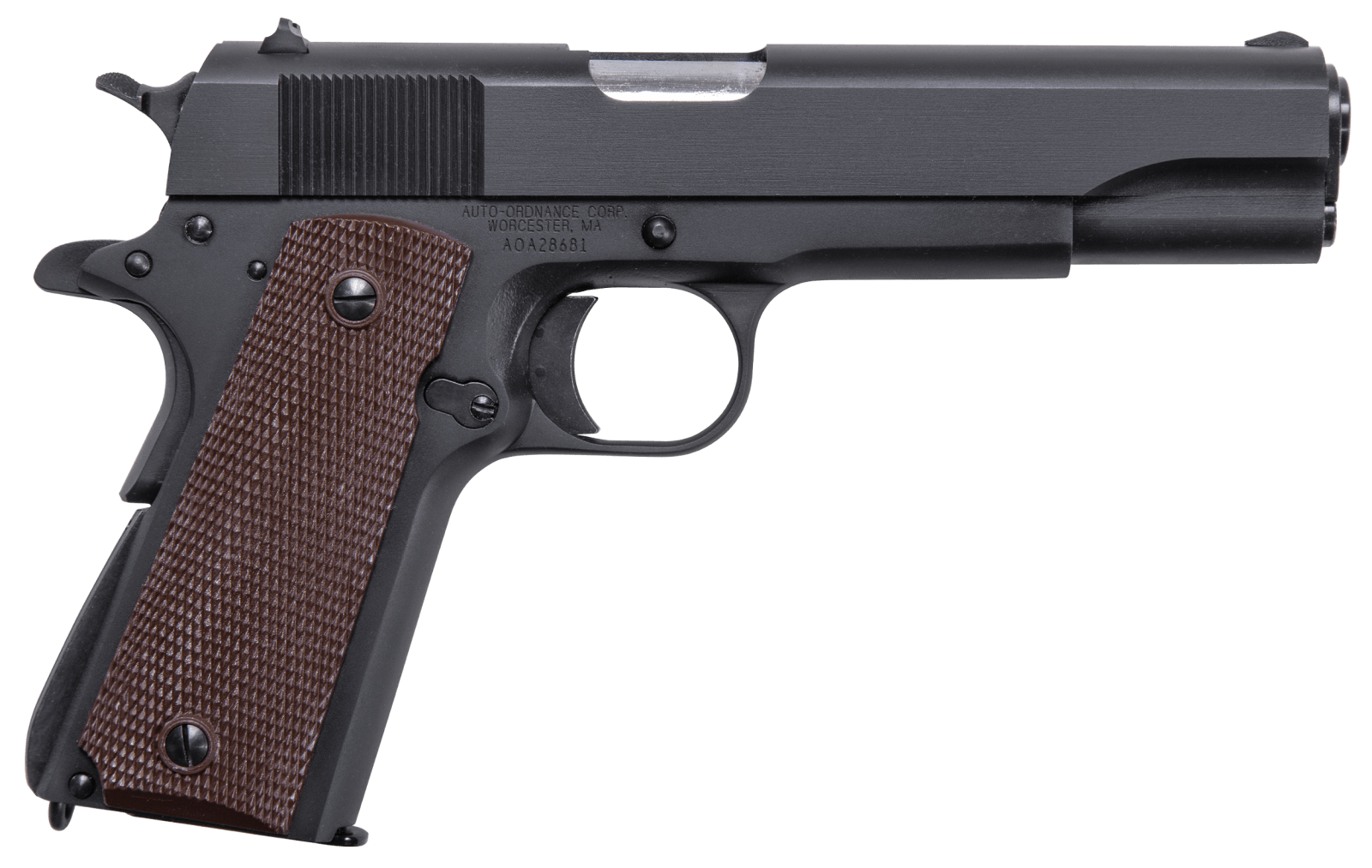 Auto-Ordnance 1911BKO9 1911 A1 GI Spec 9mm Luger 9+1, 5" Stainless Steel Barrel, Matte Black Serrated Carbon Steel Slide & Frame w/Beavertail, Brown Checkered Polymer Grip
