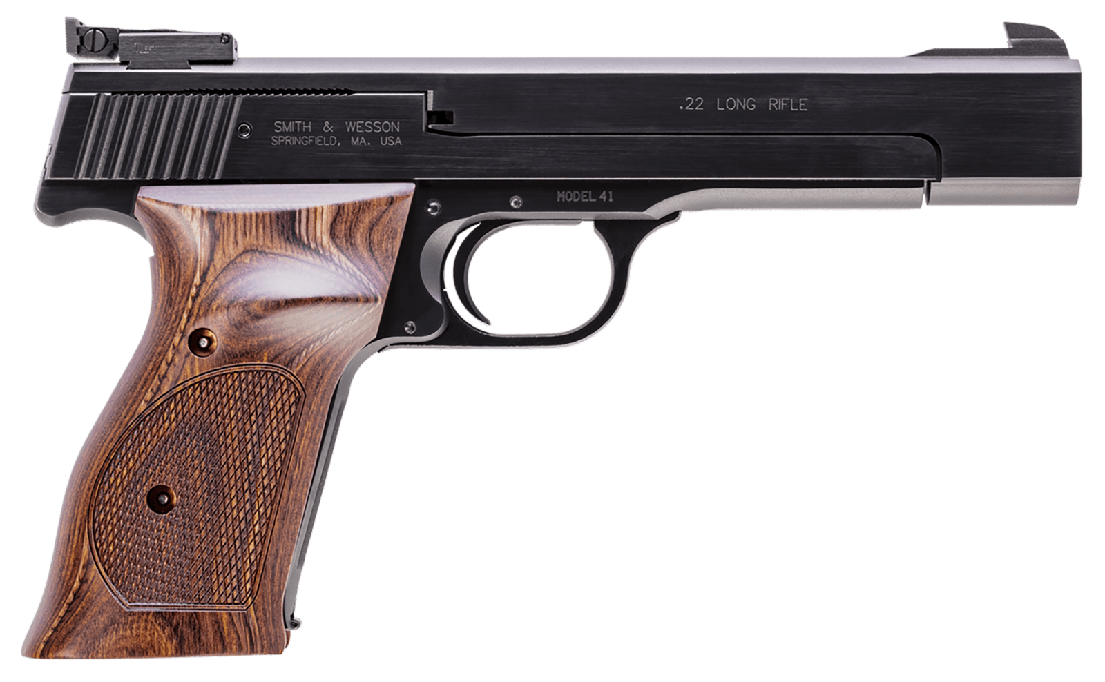 Smith & Wesson 130511 41  Full Size Frame 22 LR 10+1, 5.50" Blued Button Rifled Steel Barrel, Serrated Slide & Frame, Checkered Wood Target Grip