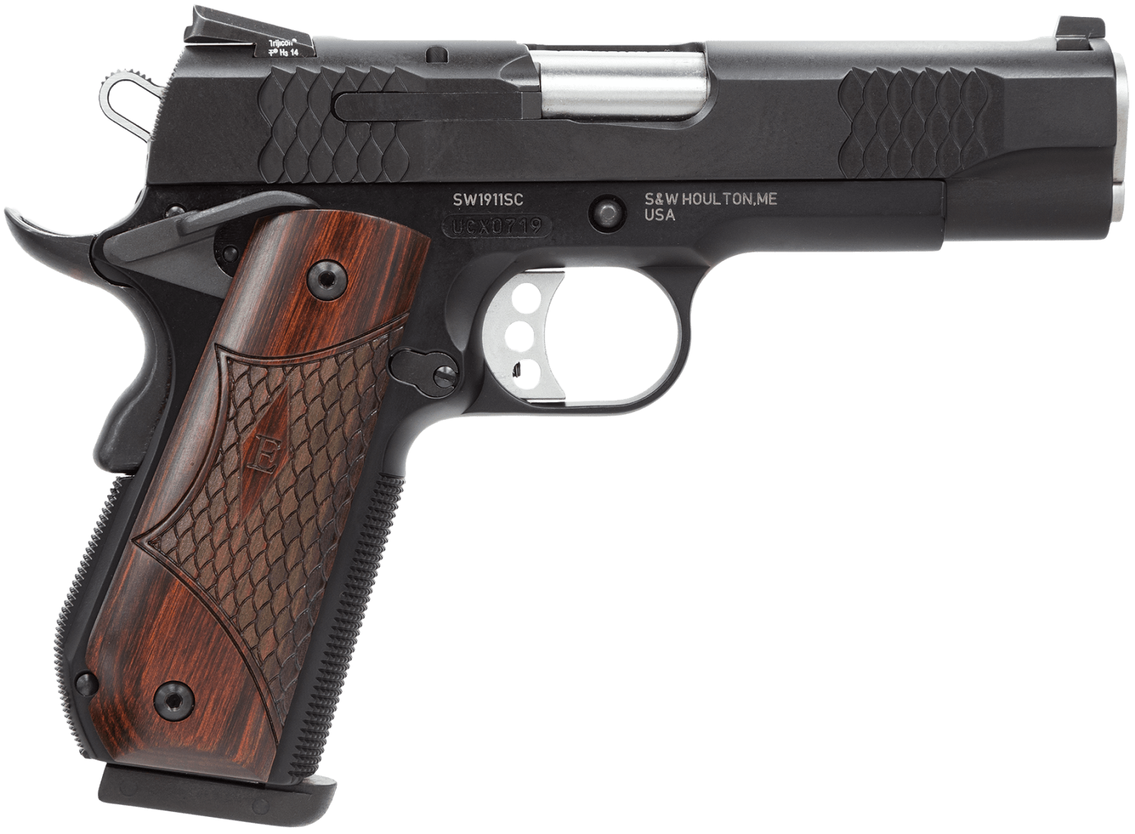 Smith & Wesson 108483 1911 E-Series 45 ACP 7+1/8+1, 4.25" Stainless Steel Barrel, Black Serrated Stainless Steel Slide, Black Aluminum Frame w/Beavertail, Round Butt Laminate Wood Grip