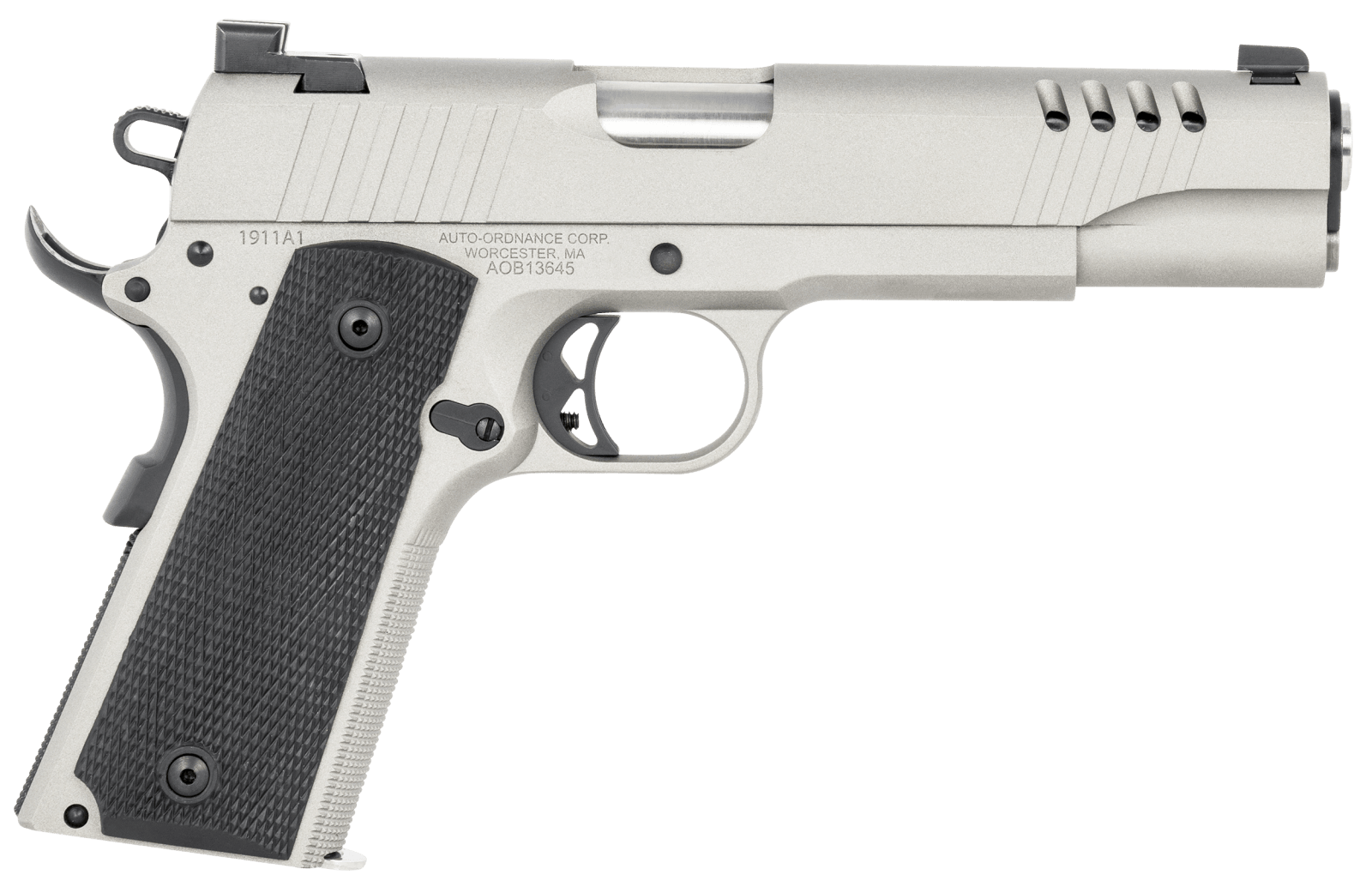 Auto-Ordnance 1911TCAC6 1911 A1 45 ACP 7+1 5" Savage Silver Cerakoate, Serrated/Ported Slide, Black Rubber Grips, Fixed 3-Dot Combat Day Sights