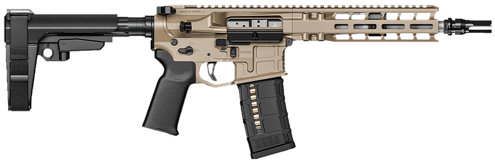 Radian Weapons R0504 Model 1 Pistol 300 Blackout 30+1 9", FDE Billet Rec/M-Lok Handguard, Smooth Buffer Tube (No Brace), Magpul Grip, Ambi Controls, Dead Air QD Flash Hider, Adj. Trigger