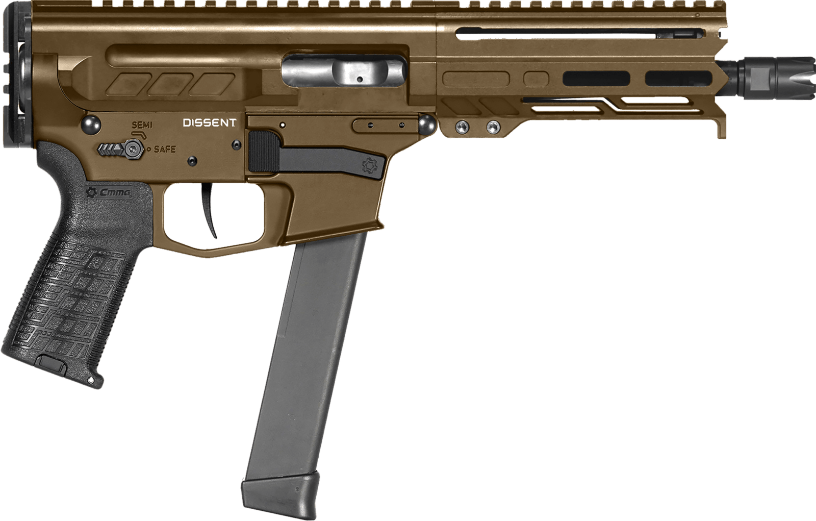 CMMG 99A68A2MB Dissent MKGS 9mm Luger 33+1 6.50", Midnight Bronze Rec, Picatinny Brace Adapter, 5.50" M-LOK Handguard, Left Side Charging Handle, Zeroed Linear Comp, TriggerTech Trigger