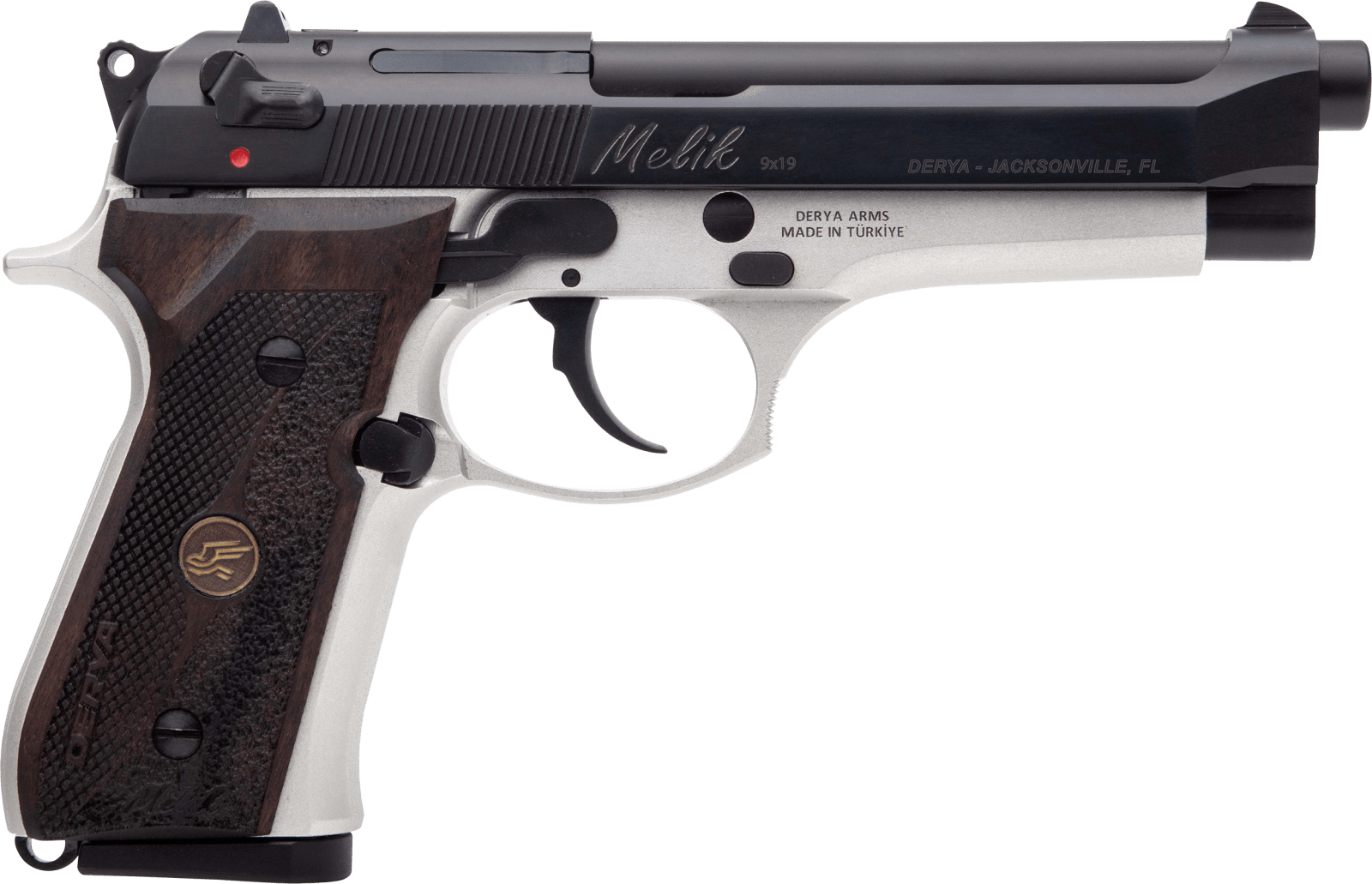 Derya Firearms 15LTTMELIK9TR Melik  9mm Luger 15+1 4.90" Black Melonite Steel Barrel, Black Melonite Serrated Steel Slide, Silver Anodized Aluminum Frame, Dark Walnut Grip