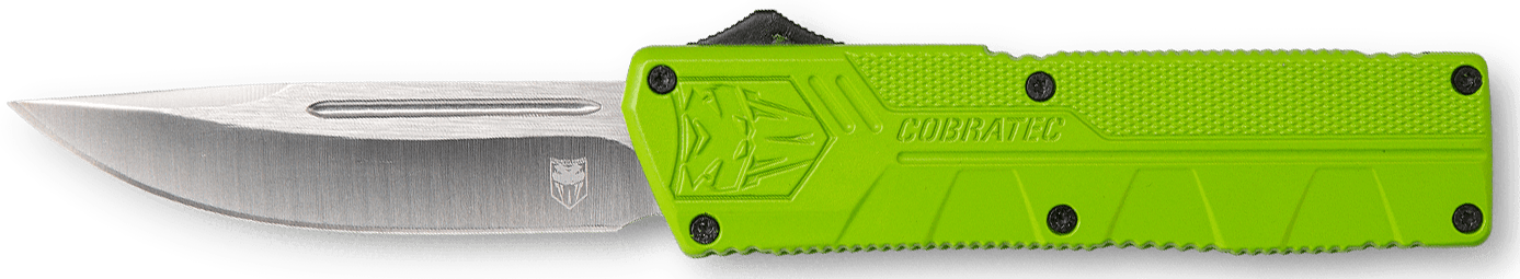 CobraTec Knives ZBGCTLWDNS Lightweight  3.25" OTF Drop Point Plain D2 Steel Blade/Zombie Green Aluminum Handle Includes Pocket Clip