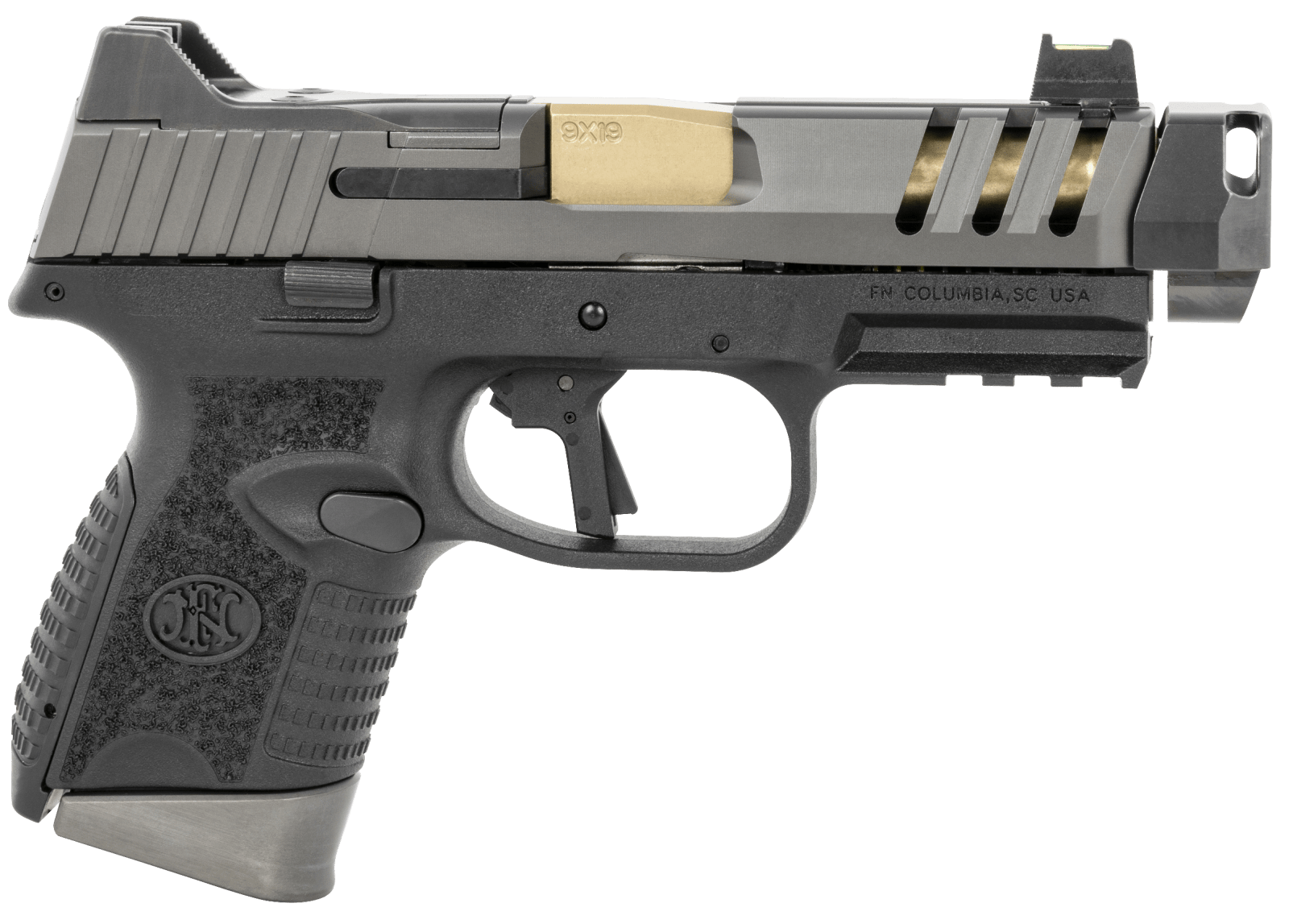 FN 66101350 509 CC Edge 9mm Luger 10+1 (3) 4.20" Threaded Gold Barrel, Black Frame, Graphite Optic & Lightening Cut Slide, Optic Height Fiber Optic Sights, Compensator (No Manual)