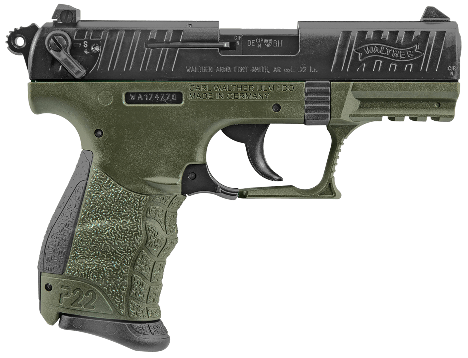 Walther Arms 5120338 P22 Military *CA Compliant 22 LR 10+1 3.42" Matte Black Tenifer Serrated/Steel Slide, OD Green Polymer Frame w/Picatinny Rail, OD Green Interchangeable Backstrap Grips