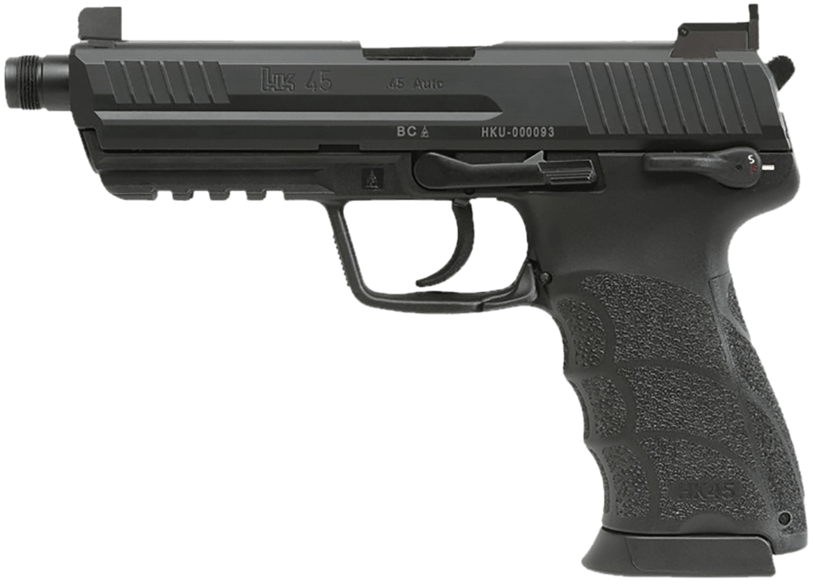 HK 81001117 HK45 V1 .45 ACP 10+1 4.46" Black Threaded Barrel, Black Cerakote Serrated Steel Slide, Black Polymer Frame w/Picatinny Rail, Ambidextrous