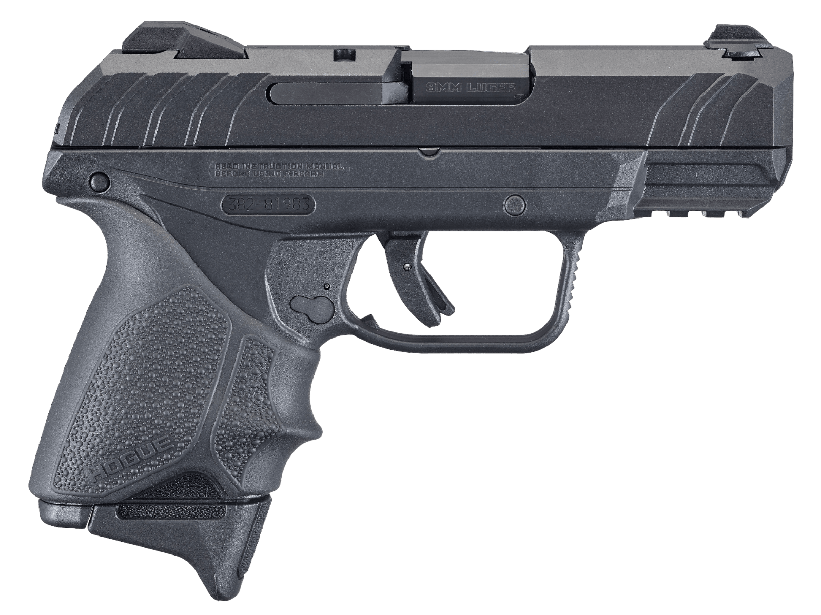 Ruger 3829 Security-9 Compact 9mm Luger  3.42" Barrel 10+1, Black Nylon Grip Frame With Picatinny Acc. Rail, Black Oxide Steel Slide, Hogue Beavertail HandALL Grip Sleeve, Manual Safety