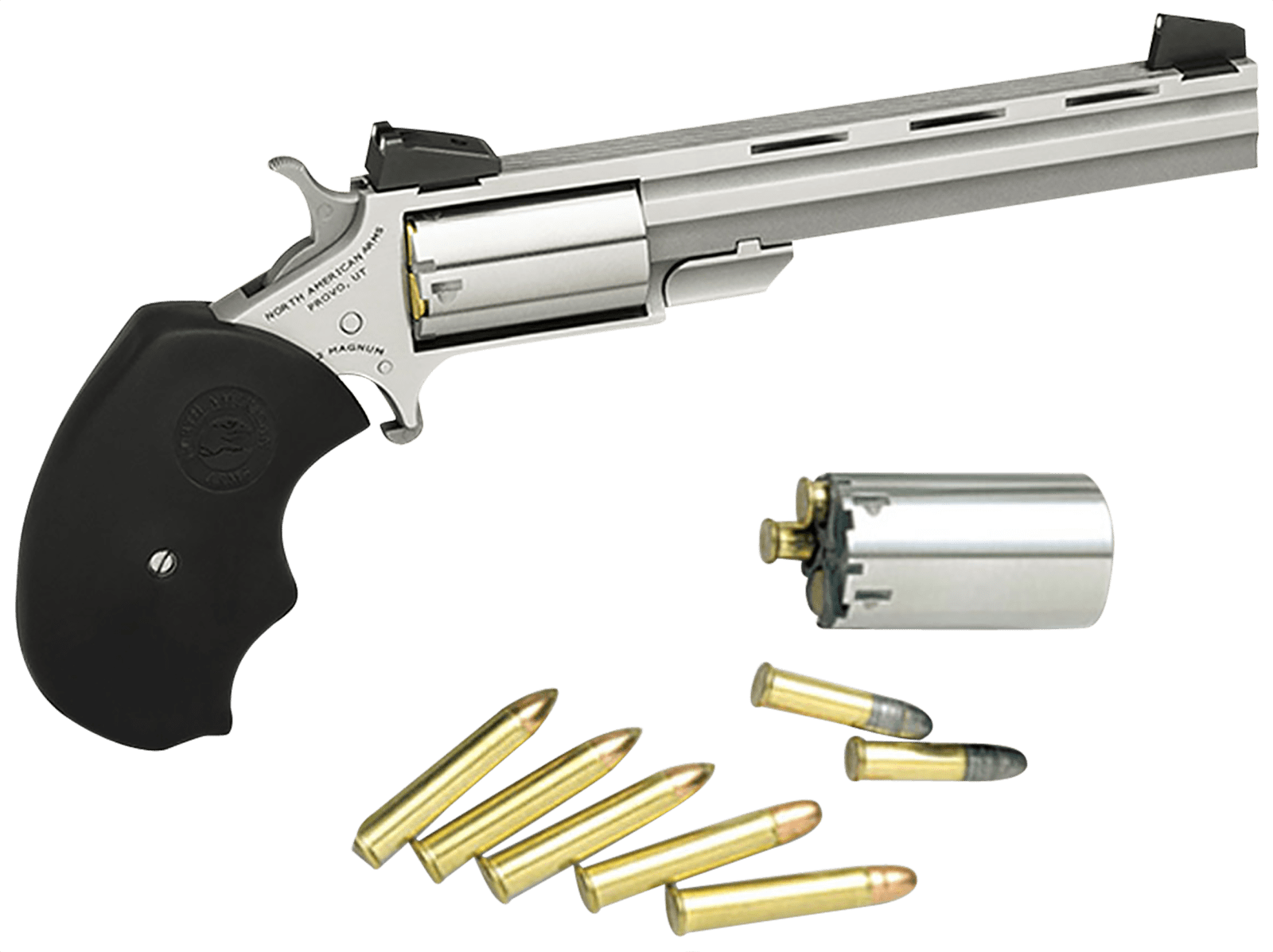 North American Arms MMTC Mini-Master *CA Compliant 22 LR/22 WMR 5 Shot 4" Stainless Steel Vent Rib Barrel, Stainless Steel Frame, Stainless Cylinder, Black Finger Grooved Rubber Grip, Exposed Hammer
