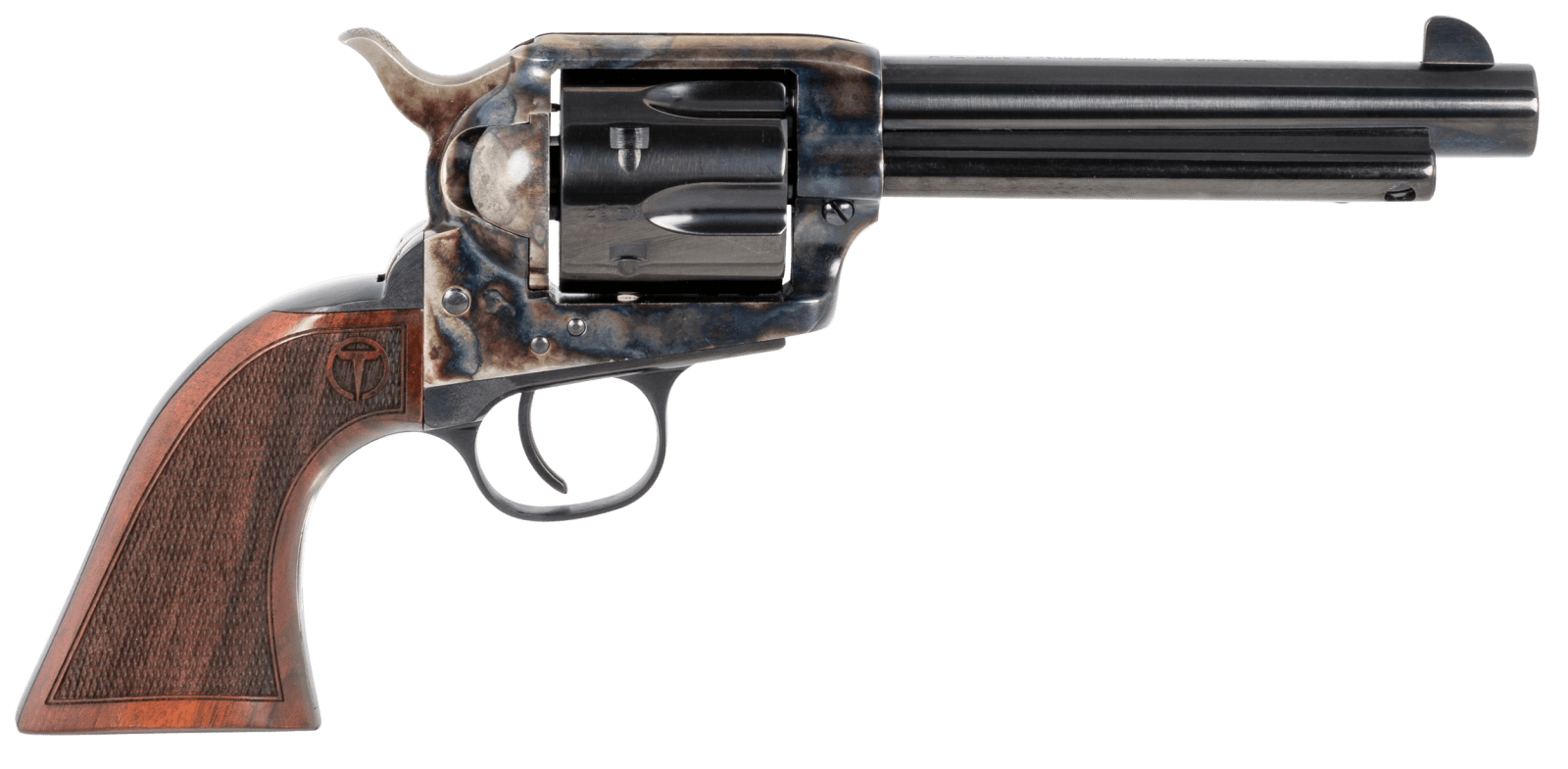 Taylors & Company 550813 Smoke Wagon 45 Colt (LC) Caliber with 5.50" Blued Finish Barrel, 6rd Capacity Blued Finish Cylinder, Color Case Hardened Finish Steel Frame & Checkered Walnut Grip