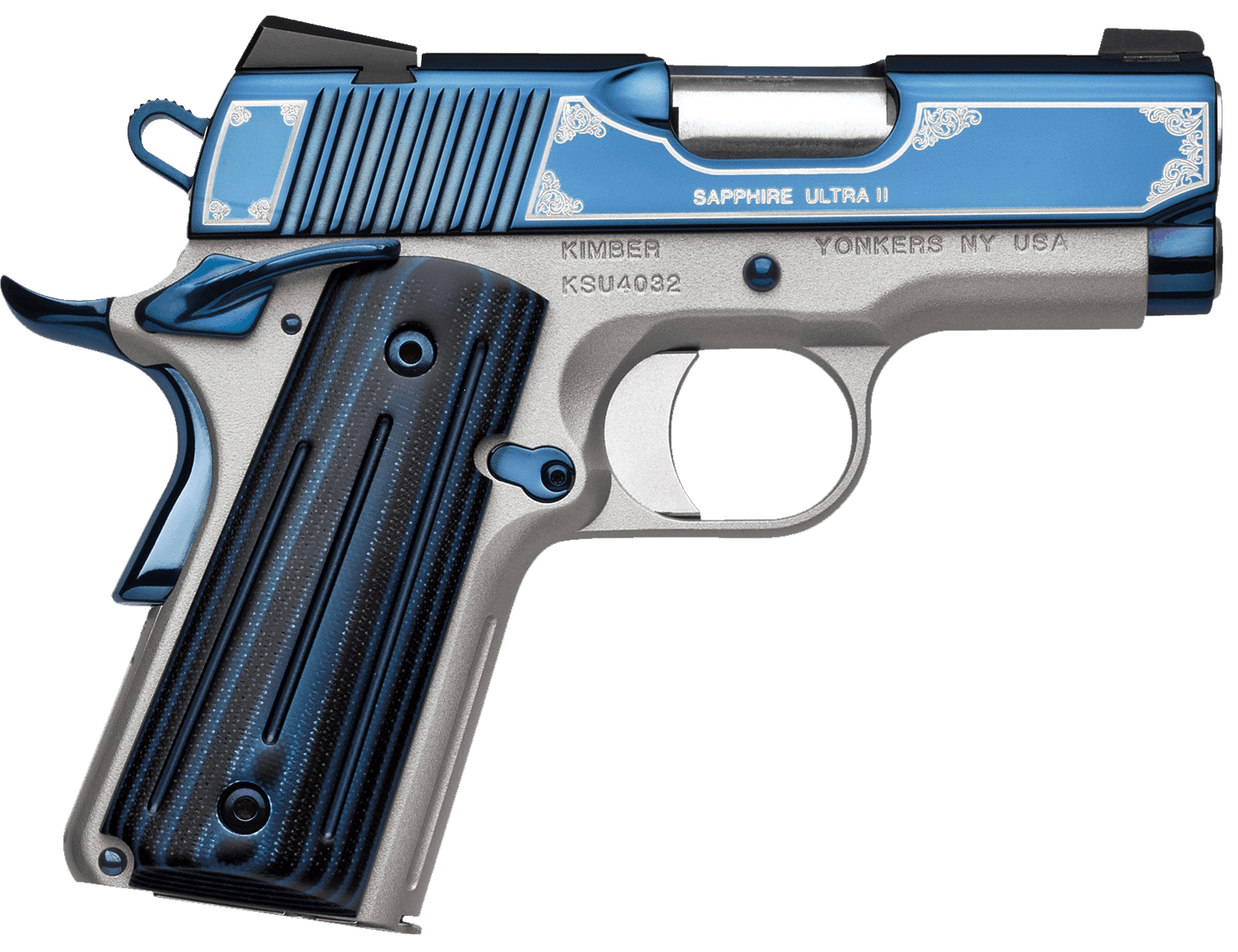 Kimber Mfg, Inc 3200273 Ultra II 9mm Luger 8+1 3" Stainless Match Grade Barrel, Engraved Sapphire Blue PVD Serrated Stainless Steel Slide, Satin Silver Aluminum Frame w/Beavertail, G10 Grip