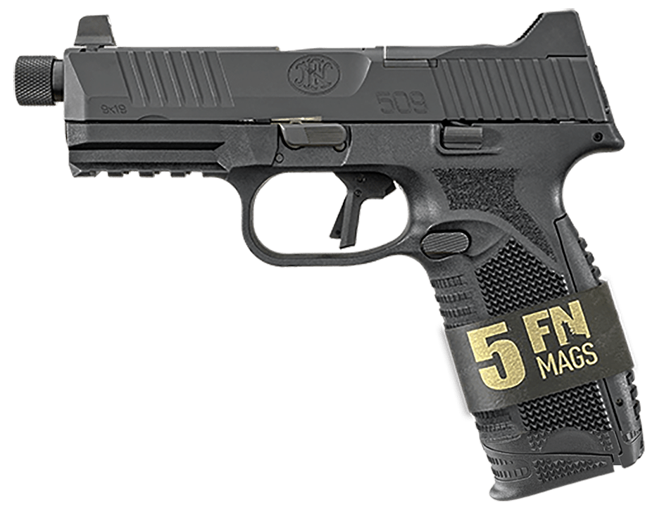 FN 66101650 509T Bundle Full Size Frame 9mm Luger 10+1 4.50" Black Steel Threaded Barrel, Black Optic Ready/Serrated Stainless Steel Slide, Black Polymer Frame w/Picatinny Rail 5 Magazines/Case