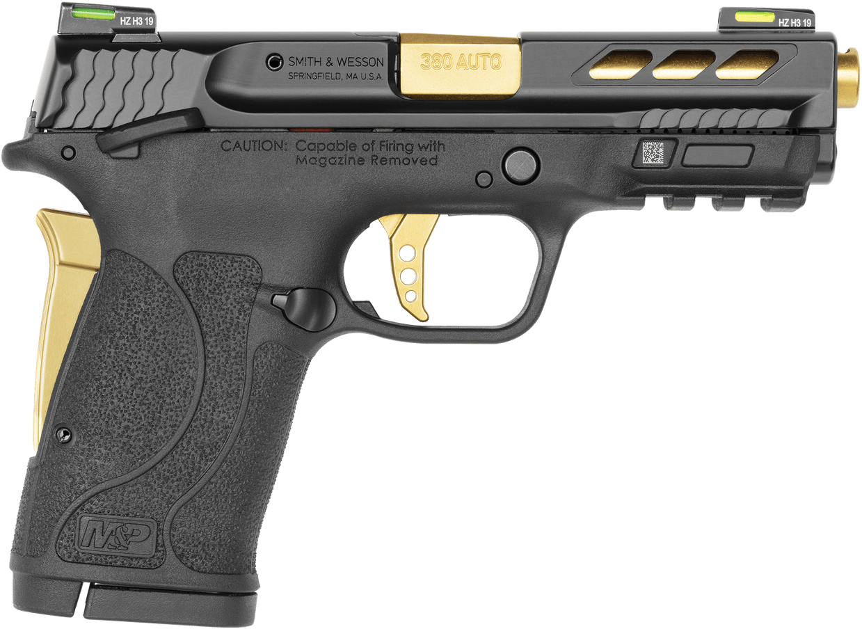 Smith & Wesson 12719 Performance Center M&P Shield EZ M2.0 380 ACP 3.80" 8+1 Black Black Armornite Stainless Steel Slide Black Polymer Grip Gold Colored Accents