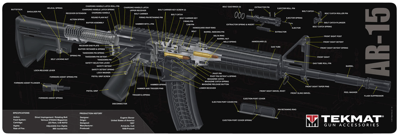 TekMat TEKR36AR15 Cleaning Mat Black/White Rubber 12"x36" AR-15 3D Cutaway